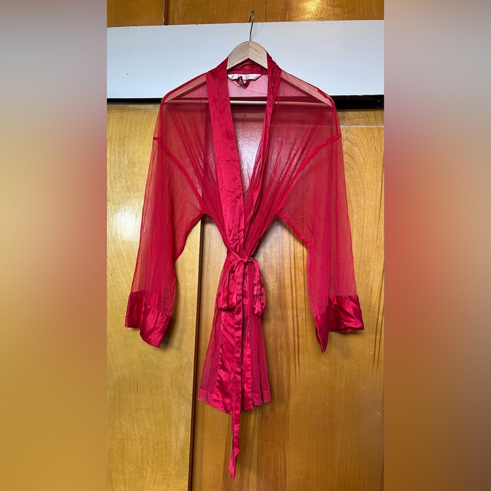 Victoria's Secret Tulle Mesh Sheer Satin Trim Robe in Red, One Size.